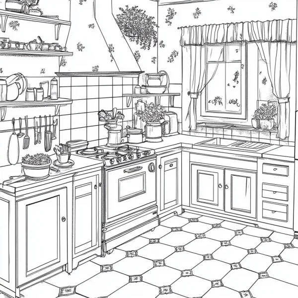 Vintage kitchen interior, realistic sketch style — free printable cooking coloring book page