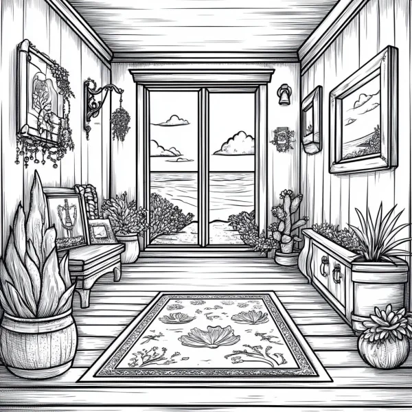 Cozy indoor home space with ocean view through floor-to-ceiling windows, realistic line art — free printable home living coloring book page