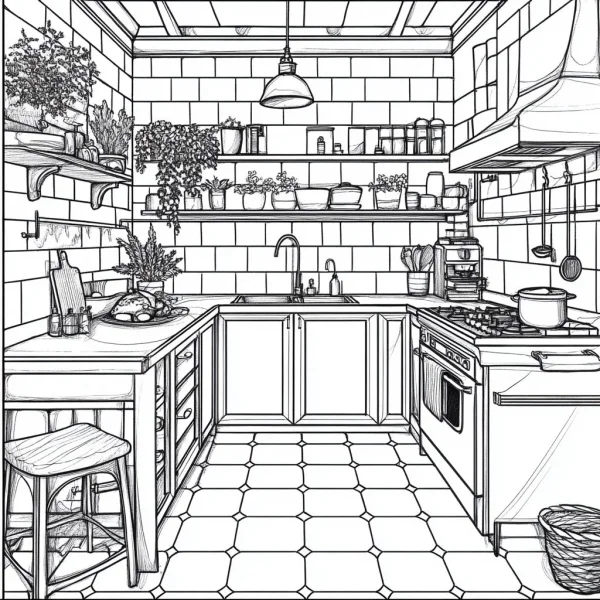 Warm kitchen scene, realistic style — free printable cooking coloring book page