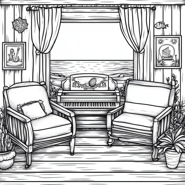 Coastal living room interior scene with two armchairs, a piano — free printable home living coloring book page