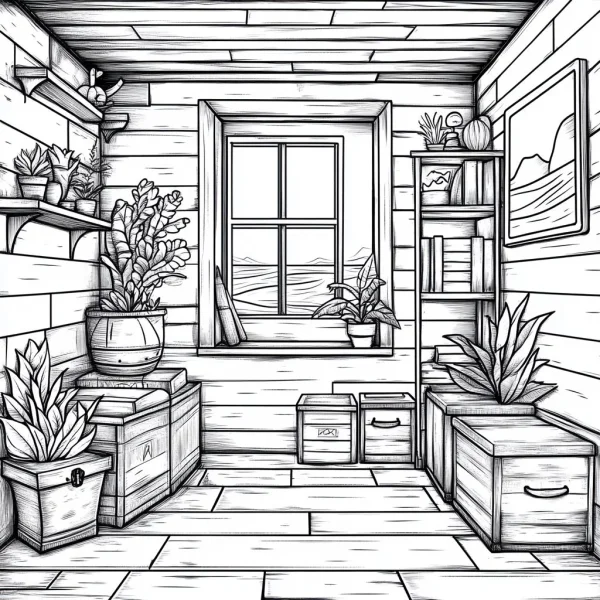 Cozy cabin indoor gardening scene, realistic line art style — free printable home coloring book page