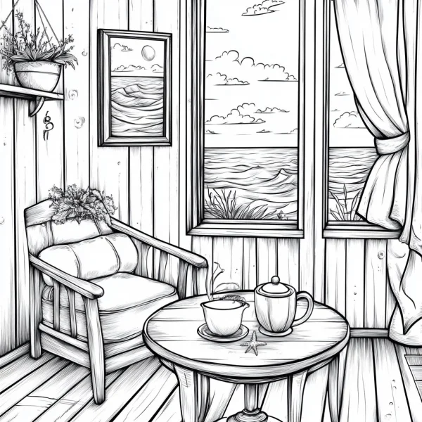 Cozy seaside indoor corner with armchair, round table and tea set — free printable leisure life coloring book page