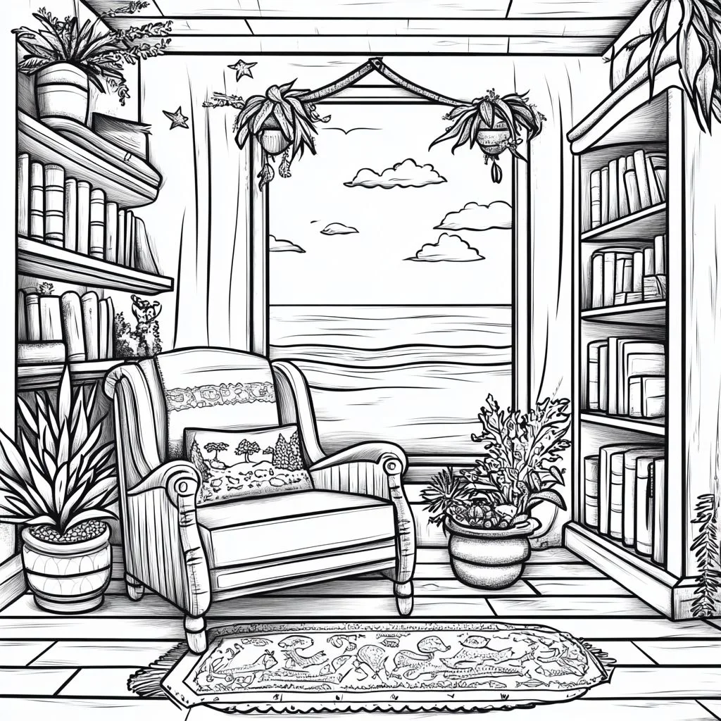Cozy indoor scene with armchair, bookshelves — realistic style — moderate detail — line art coloring page — for kids and adults of all ages