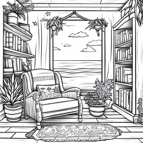 Cozy indoor scene with armchair, bookshelves — free printable home coloring book page
