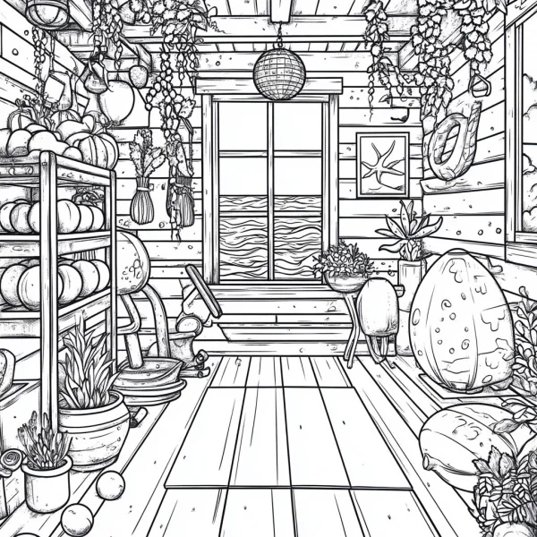 Interior of a cozy cottage filled with gardening items, hand-drawn realistic illustration style — free printable home coloring book page