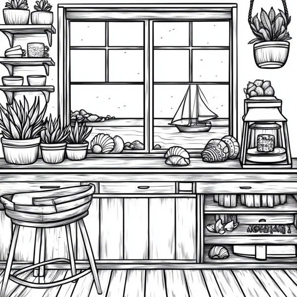 Cozy window side home scene, realistic illustration style — free printable home life coloring book page