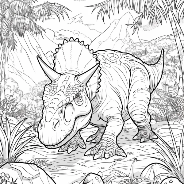 Horned prehistoric dinosaur, realistic line art style — free printable rainforest coloring book page