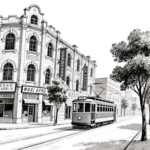 Vintage city street with a tram, retro sketch style — free printable life scenes coloring book page