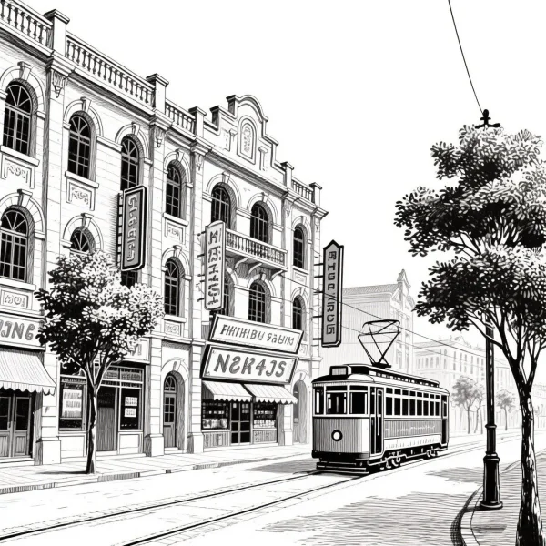 Retro urban street scene with a tram, realistic vintage style — free printable city life coloring book page