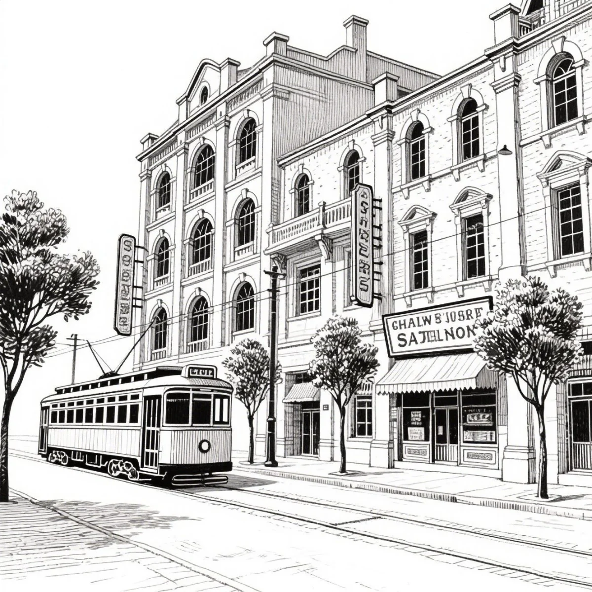 Vintage city street scene with a tram, retro realistic style — realistic style — moderate detail — line art coloring page — for kids and adults of all ages