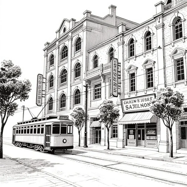 Vintage city street scene with a tram, retro realistic style — free printable city life coloring book page