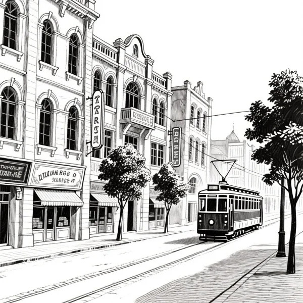 Vintage city street with a tram, retro realistic style — free printable life scenes coloring book page
