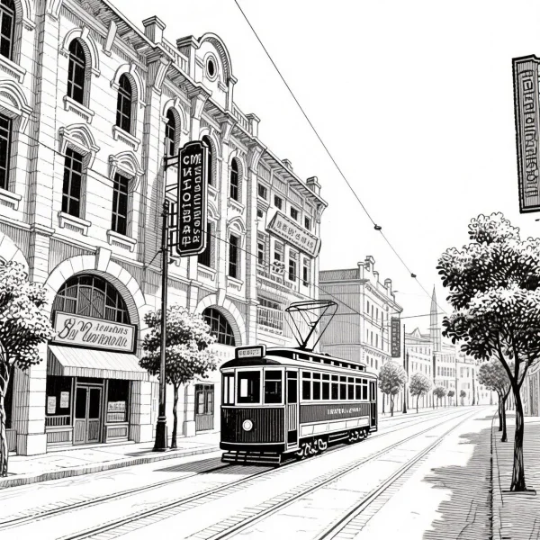 Vintage city street with a tram, retro realistic style — free printable city street view coloring book page