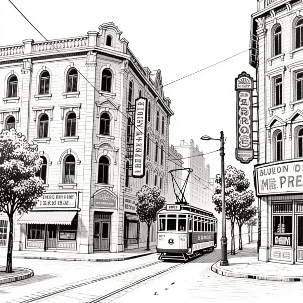 Vintage city street scene with a tram, vintage realistic style — free printable city life coloring book page