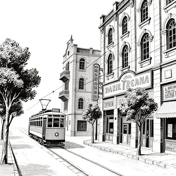 Vintage city street with a tram, retro architectural style — free printable city street view coloring book page