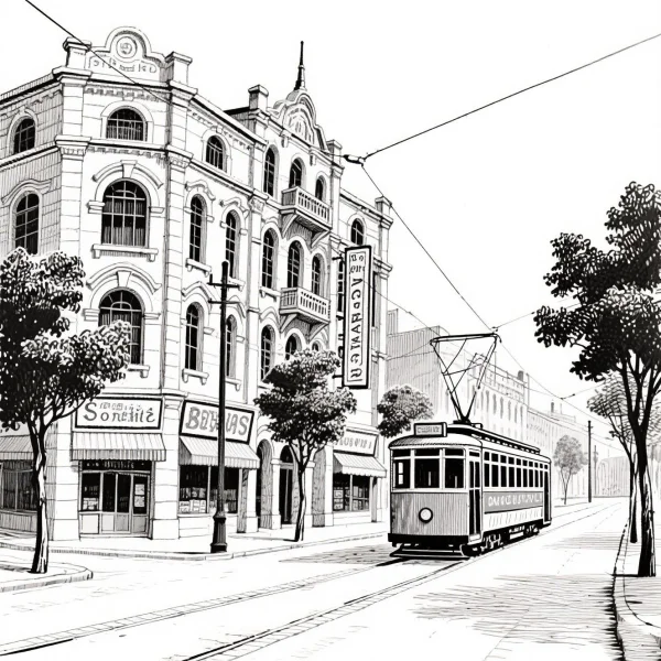 Vintage city street scene with a tram, realistic retro illustration style — free printable city life coloring book page