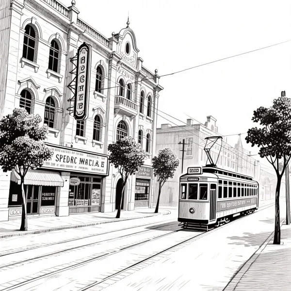 Vintage city street with a tram, vintage sketch style — free printable city scenery coloring book page
