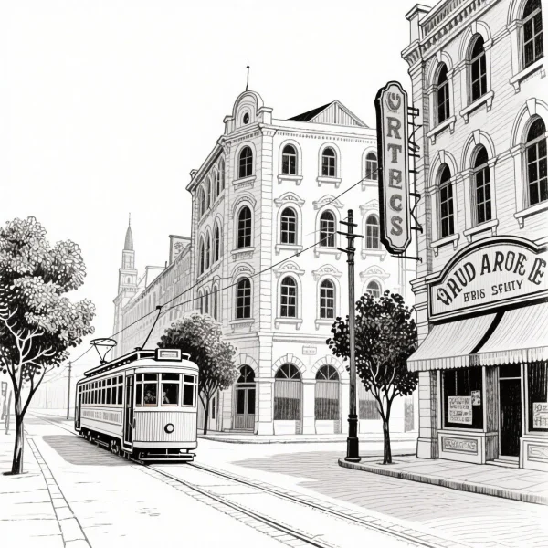 City street with vintage tram, realistic illustration style — free printable city street view coloring book page