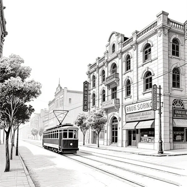 Vintage city street scene with a tram, realistic sketch style — free printable city street view coloring book page