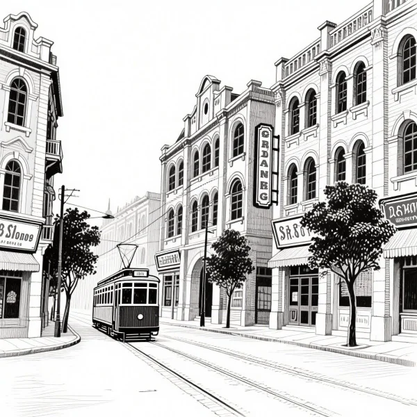 Vintage city street scene with a tram, retro realistic style — free printable city scenery coloring book page
