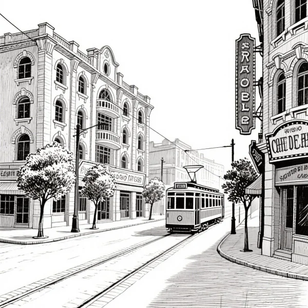 Vintage city street scene with a tram, vintage realistic illustration style — free printable city life coloring book page
