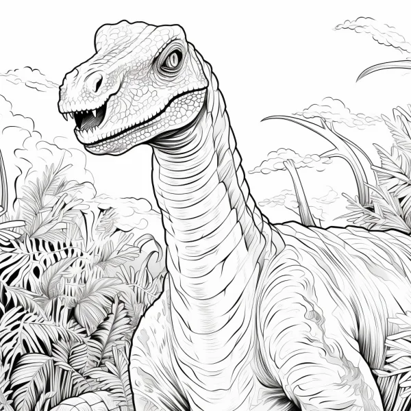 Long-necked dinosaur, realistic sketch style — free printable rainforest coloring book page