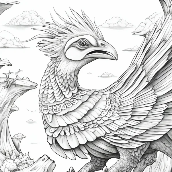 Fantasy mythical bird with scaled legs and detailed layered feathers, sketch line art style — free printable birds coloring book page