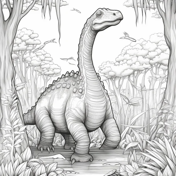 Brachiosaurus in prehistoric forest, sketch art style — free printable prehistoric creatures coloring book page