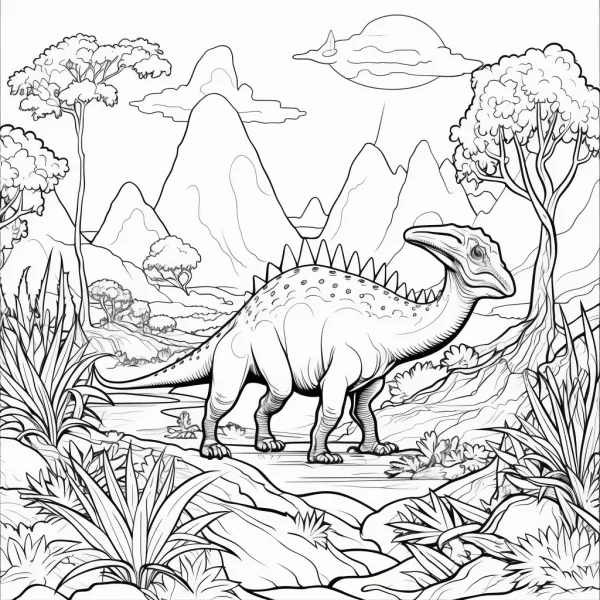 Spiked prehistoric dinosaur in prehistoric landscape with mountains, trees — free printable prehistoric creatures coloring book page