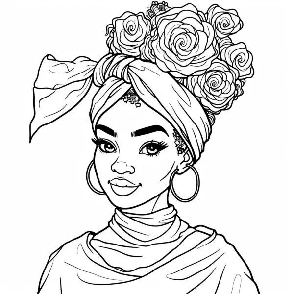 African girl with roses on headscarf, cartoon style — free printable africa coloring book page