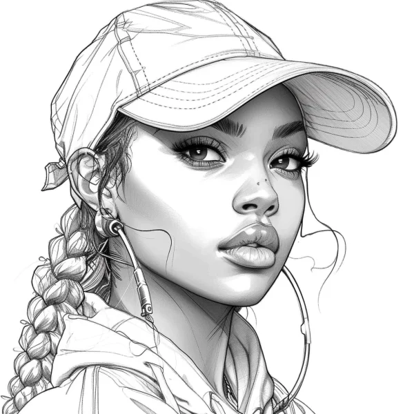 Braided girl wearing baseball cap and in-ear headphones, realistic illustration style — free printable life theme coloring book page