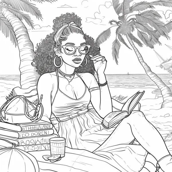 Stylish girl reading on beach, realistic line art style — free printable reading coloring book page