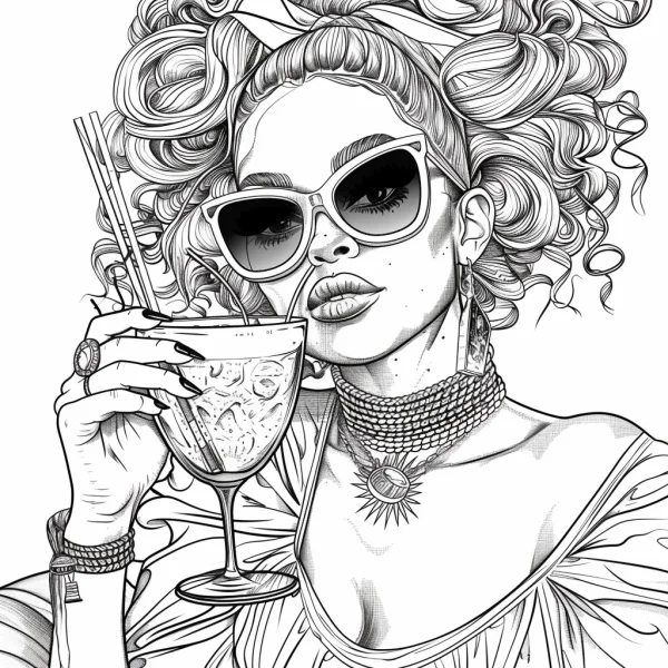 Stylish curly-haired girl wearing sunglasses, holding a cocktail glass with ice cubes — free printable leisure coloring book page