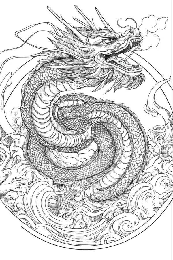 Chinese dragon coiled in rolling ocean waves, chinese traditional style — free printable chinese style coloring book page