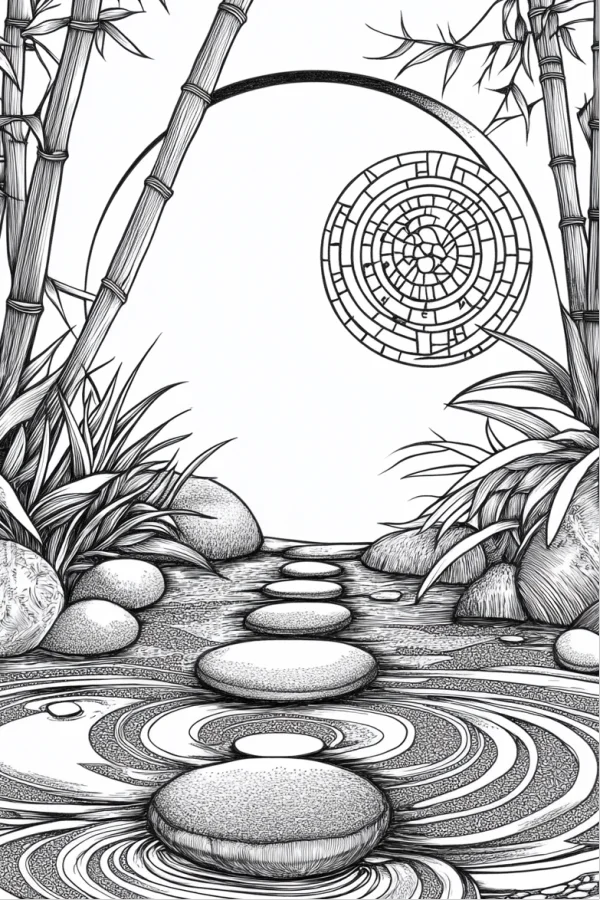 Zen rock garden stone path, japanese style — free printable japanese coloring book page