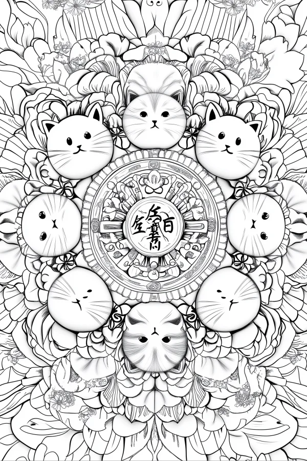 Coloring book page, mandala-style group of cute cats — free printable mandala coloring book page