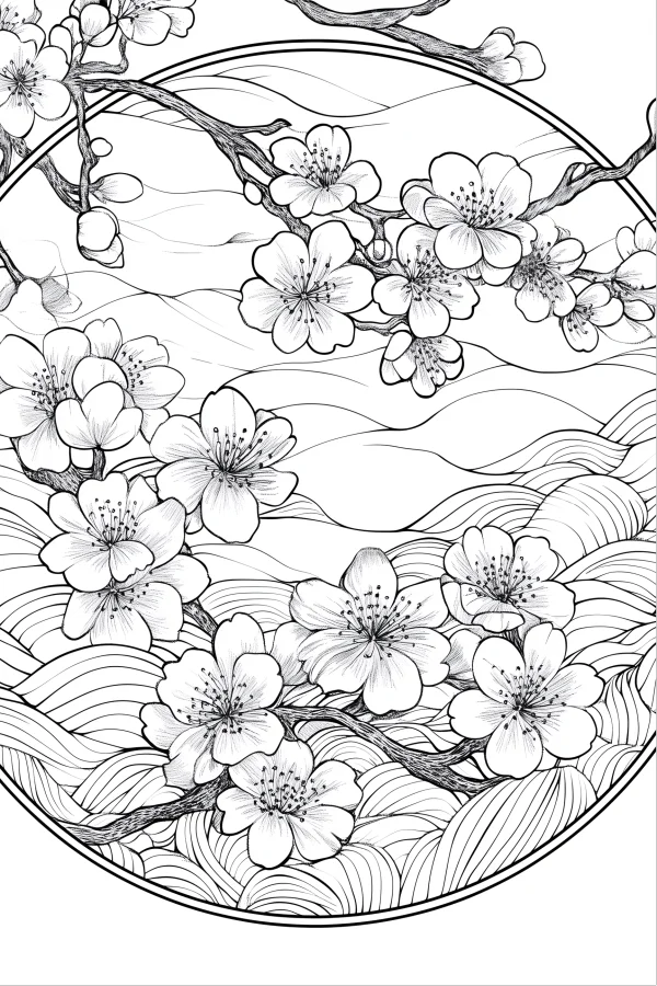 Plum blossom branches with blooming flowers and buds, chinese style — free printable chinese style coloring book page