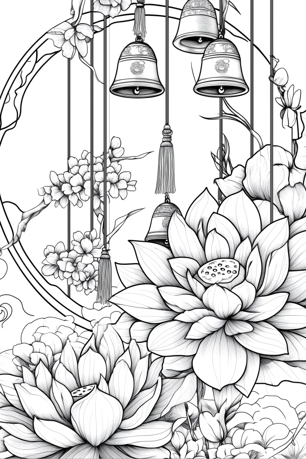 Blooming lotus with chinese style bells and tassels, chinese traditional art style — free printable chinese style coloring book page
