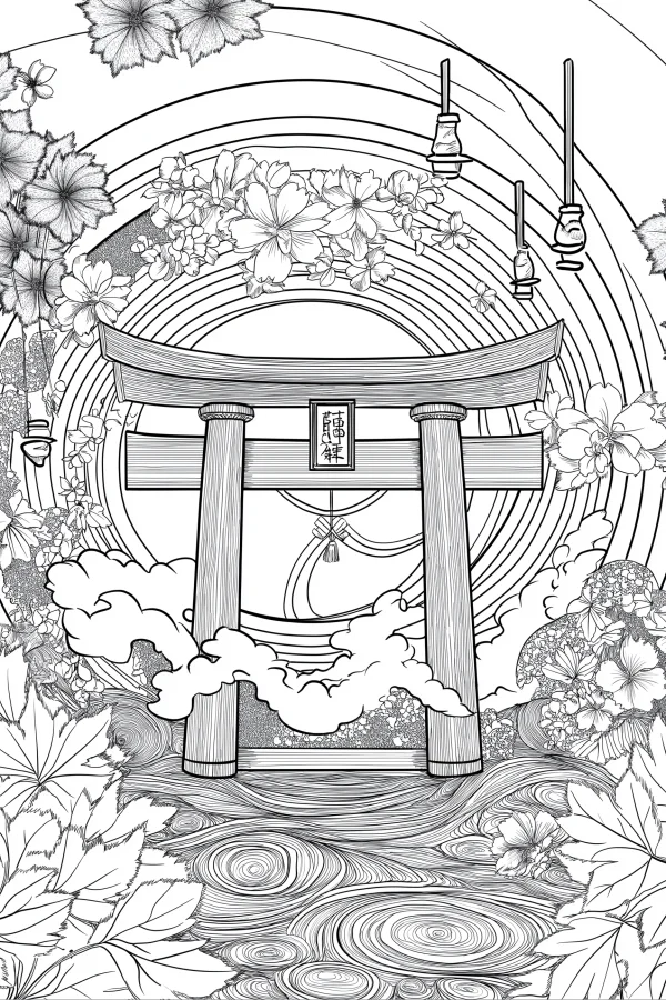 Japanese torii gate with cherry blossoms and maple leaves, japanese style — free printable japanese coloring book page