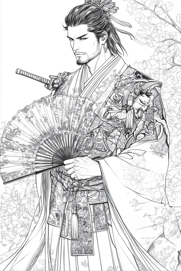 Japanese samurai in traditional ornate kimono, holding a patterned folding fan — free printable japanese coloring book page
