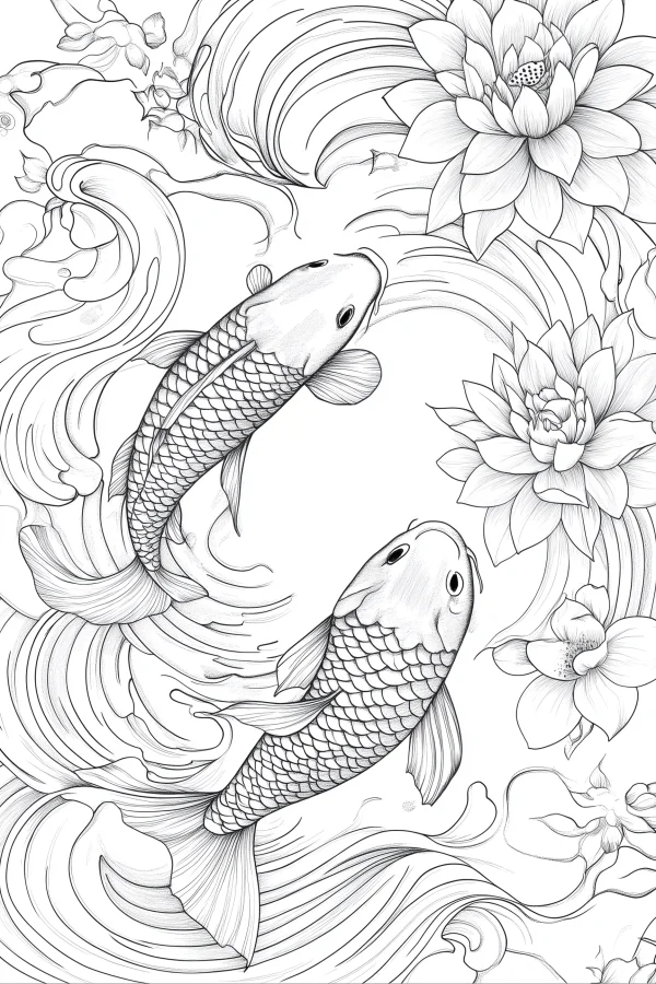 Two koi fish, chinese style — free printable chinese style coloring book page