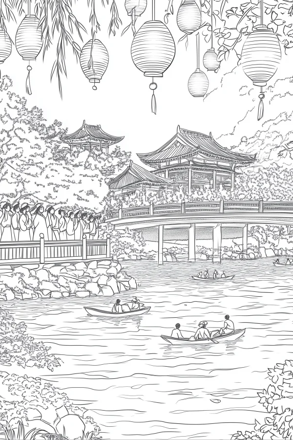 Chinese garden mid-autumn festival scene with ancient pavilions and bridges, hanging paper lanterns — free printable chinese style coloring book page