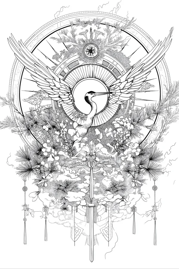 Elegant spread-winged red-crowned crane, chinese style — free printable chinese style coloring book page