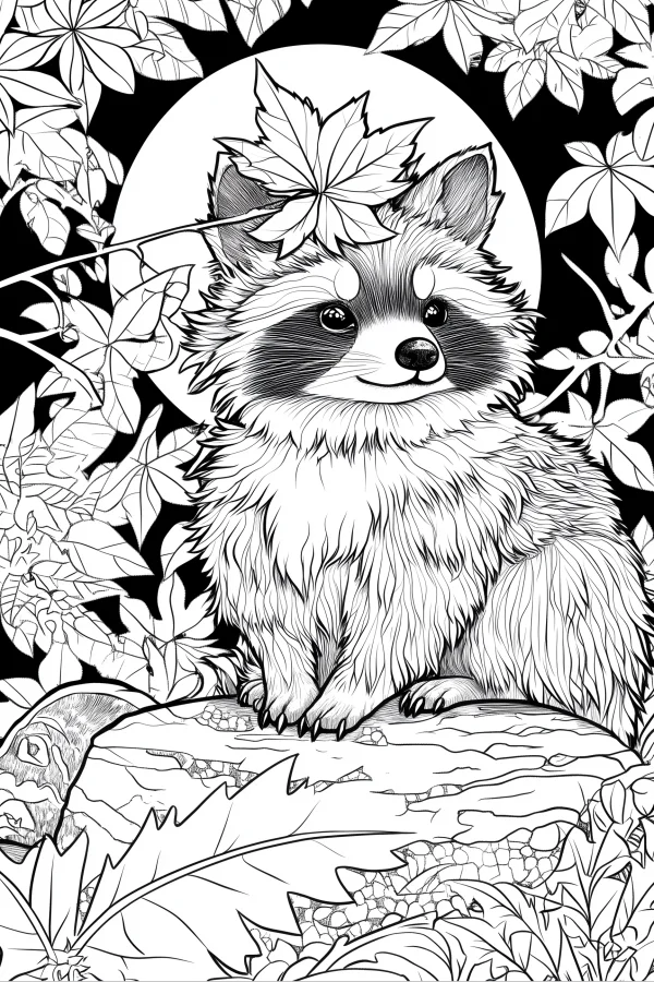 Cute raccoon sitting on a rock in the forest, surrounded by maple leaves and various plants — free printable autumn coloring book page