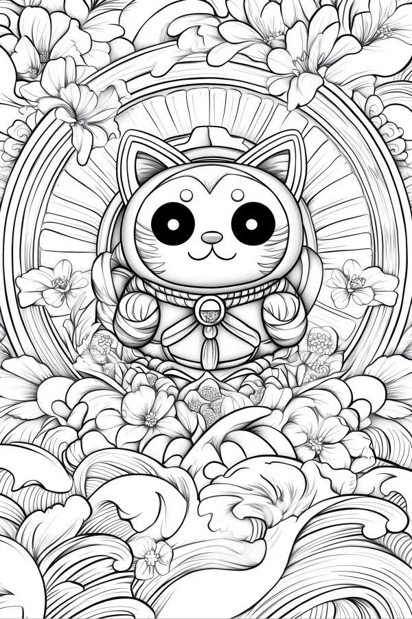 Cute maneki-neko (lucky cat), japanese style — free printable japanese coloring book page