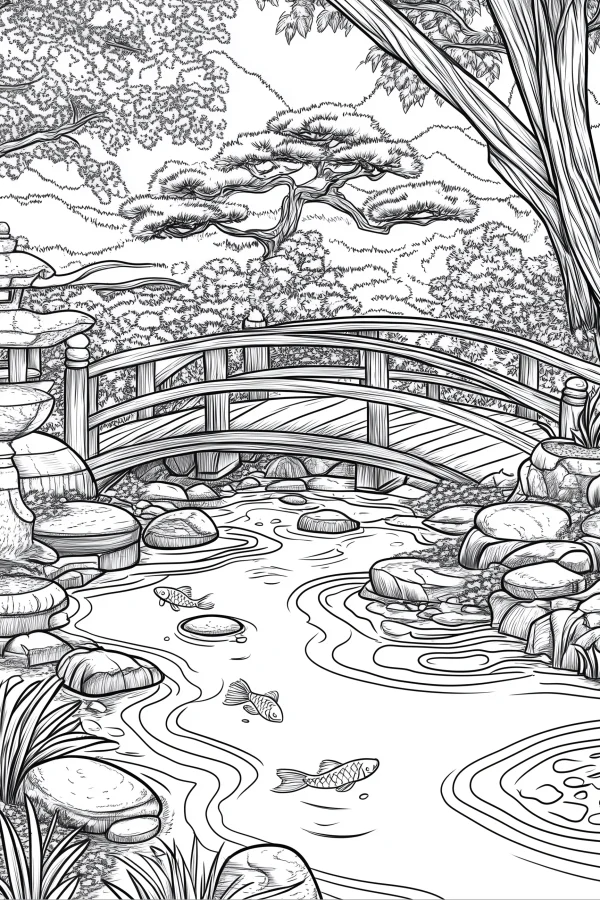Japanese garden stream with koi fish and stone bridge, japanese style — free printable japanese coloring book page