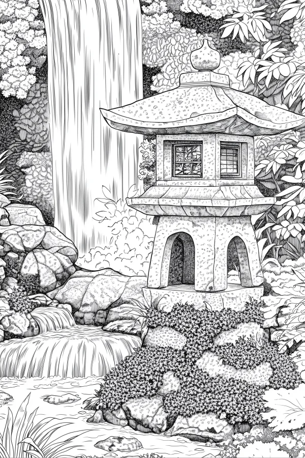Japanese stone lantern in a waterfall natural landscape, japanese style — free printable japanese coloring book page