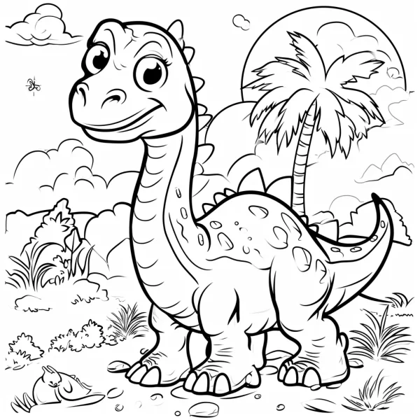 Cute cartoon long-necked dinosaur, cartoon style — free printable dinosaurs coloring book page