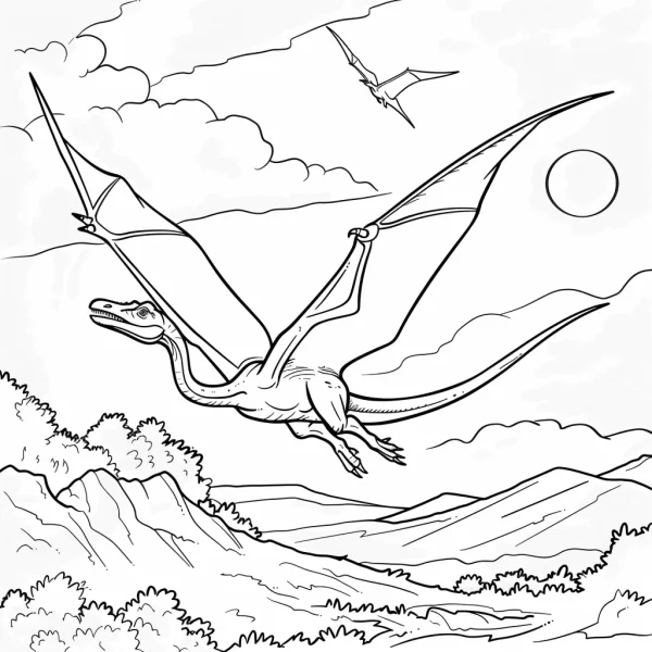 Flying pterodactyl, prehistoric landscape with mountains — free printable prehistoric creatures coloring book page