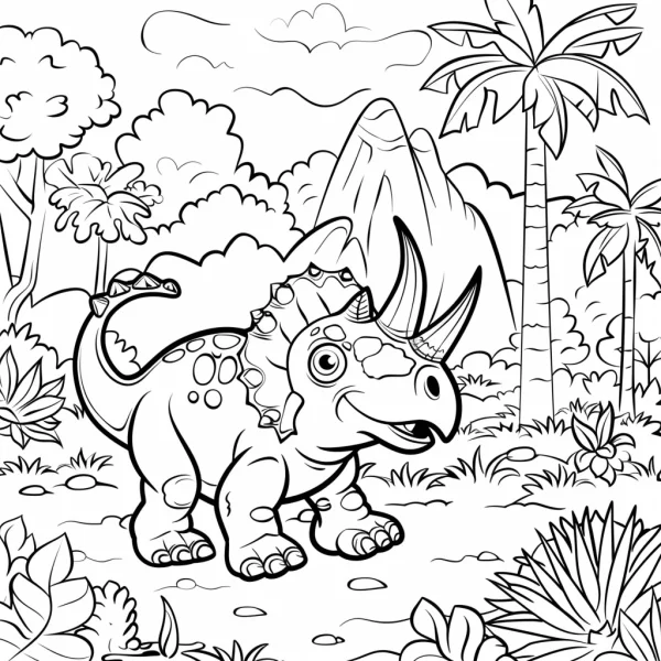 Cute cartoon triceratops, prehistoric forest scene with palm trees — free printable dinosaurs coloring book page